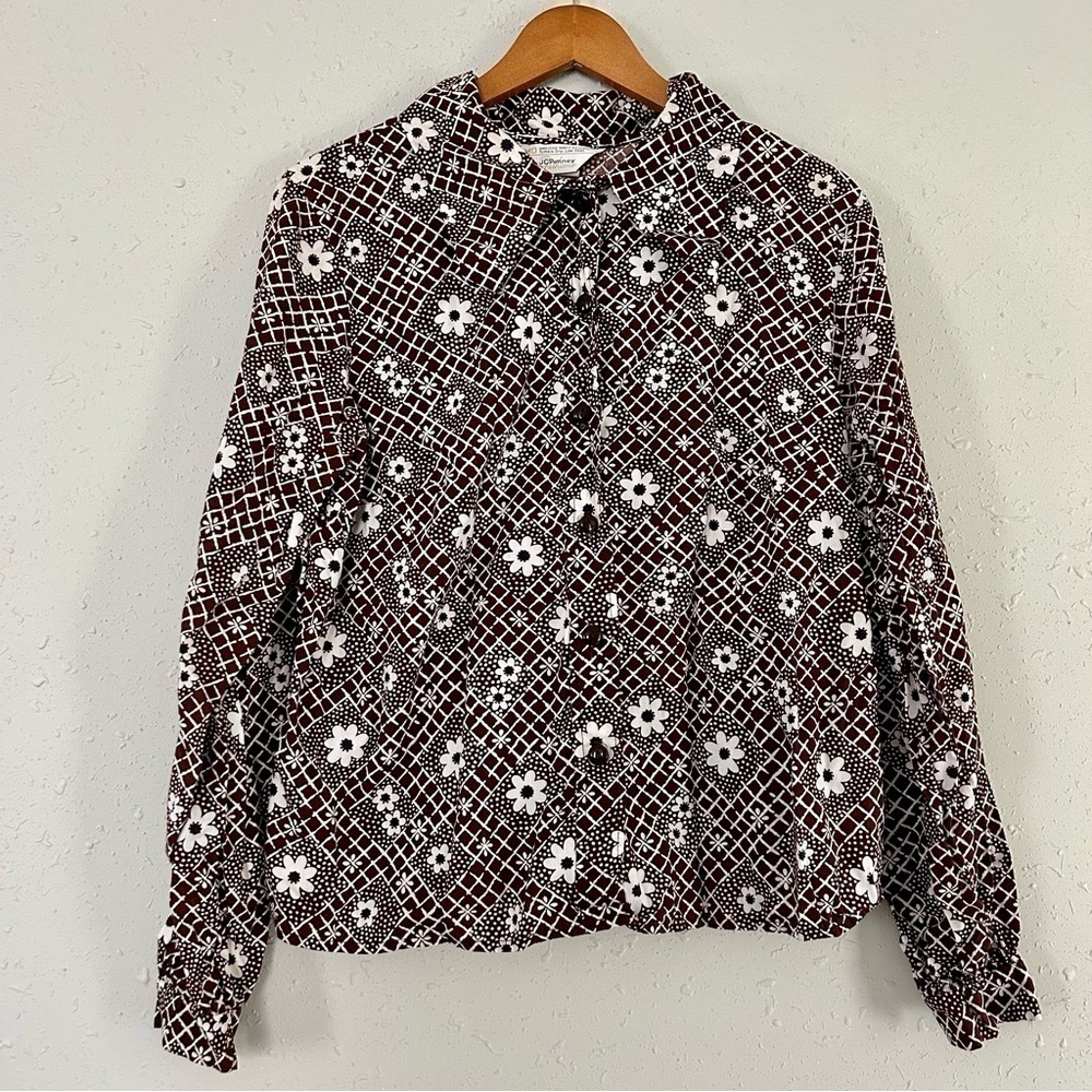 🦋 Vintage JCPenney Brown Floral 70s Print Long Sleeve Button Down XL